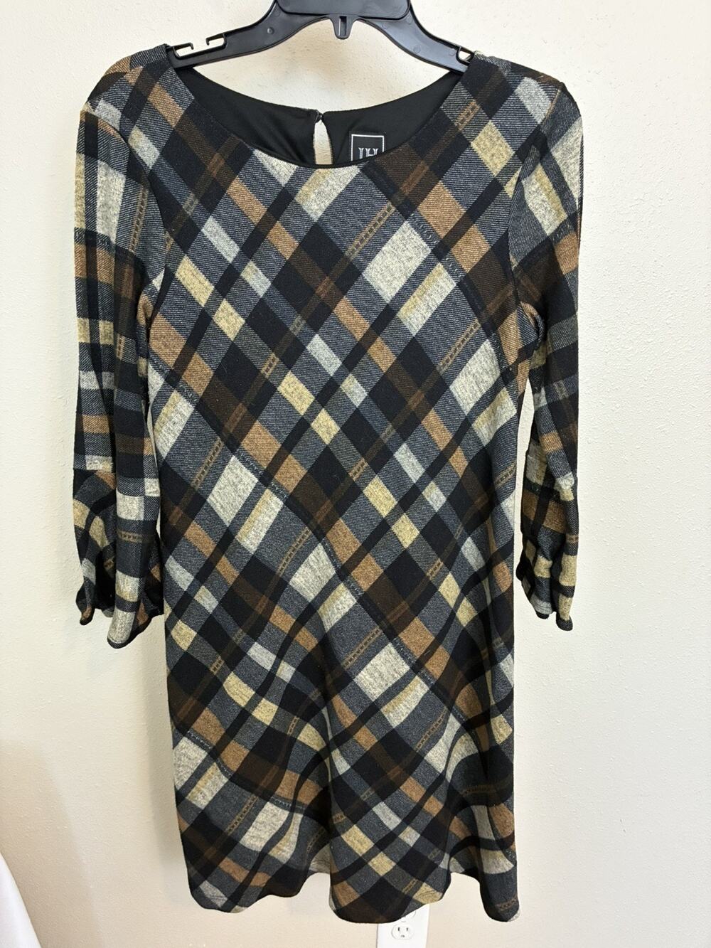 JH Plaid Ruffle 3/4 Sleeve Plaid Lined Dress Women's Size M
